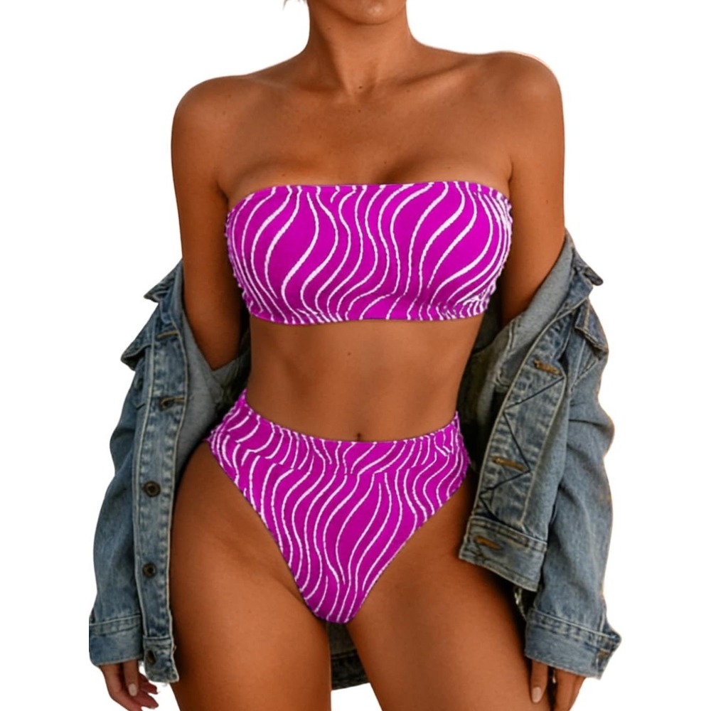 NWT‎ Neon Pink Wavy Stripe High Waisted Bikini Set Strapless Bandeau Small